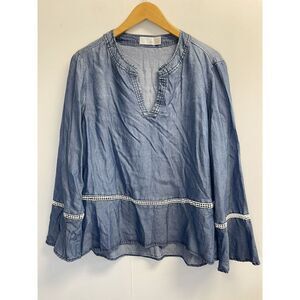 Time And Tru Womens L‎ 12-14 Split Neck Bell Sleeves Denim Jean Blue Blouse Top
